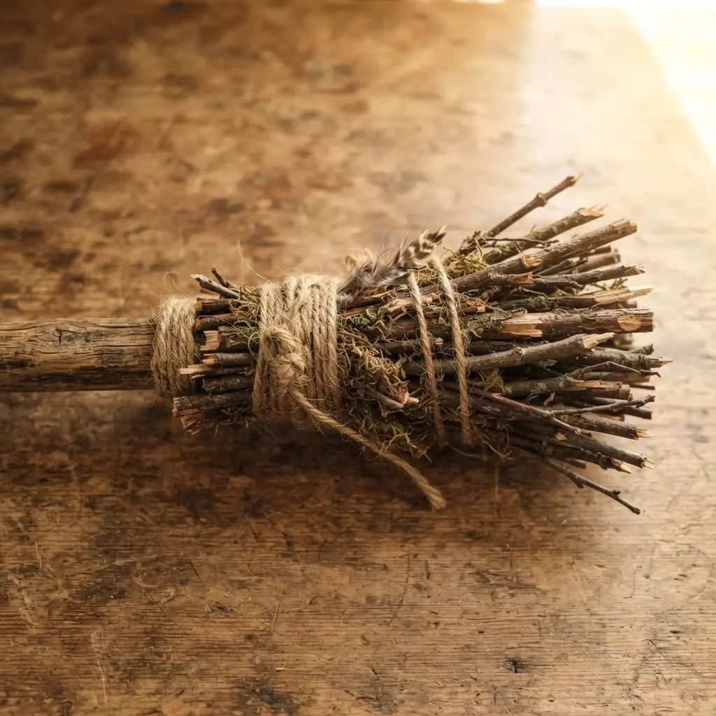 A rustic broom made from bundled twigs tied with brown twine.