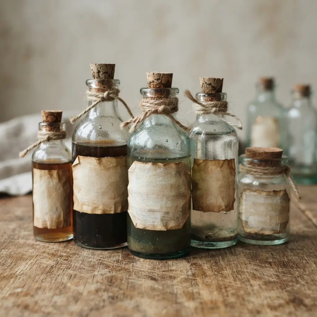 Three glass bottles with handwritten labels and colored liquid inside.