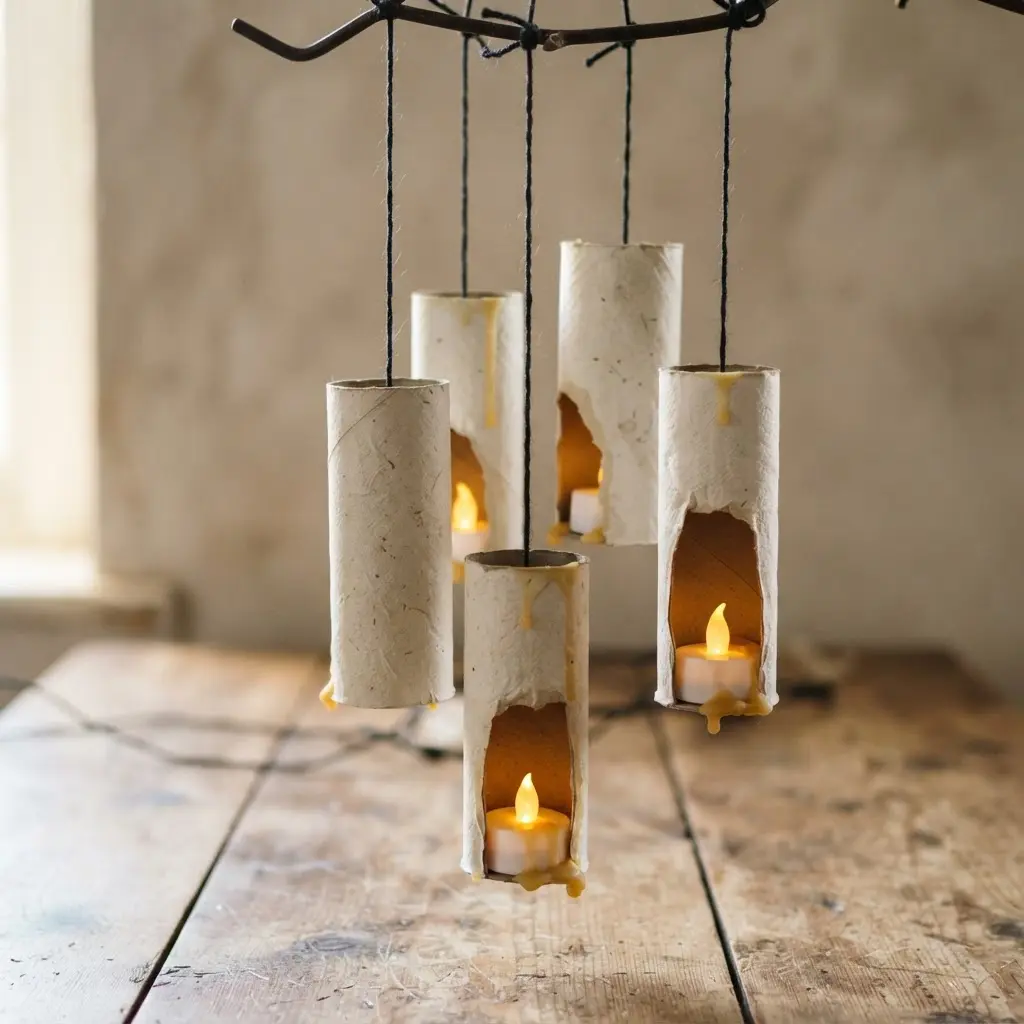 Paper towel rolls painted white with yellow flame tips, suspended from black string.