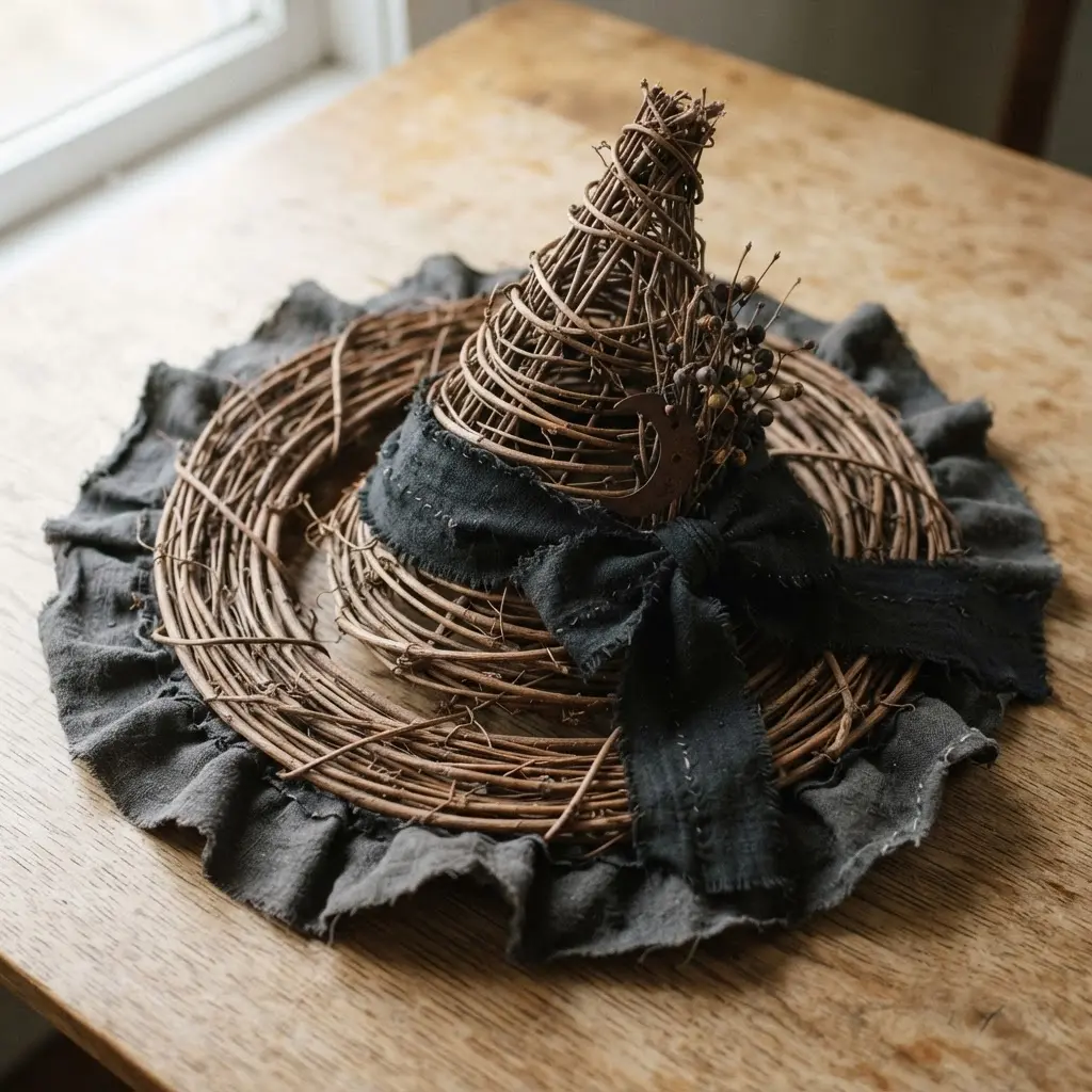 A circular grapevine wreath decorated with a black fabric witch hat silhouette.