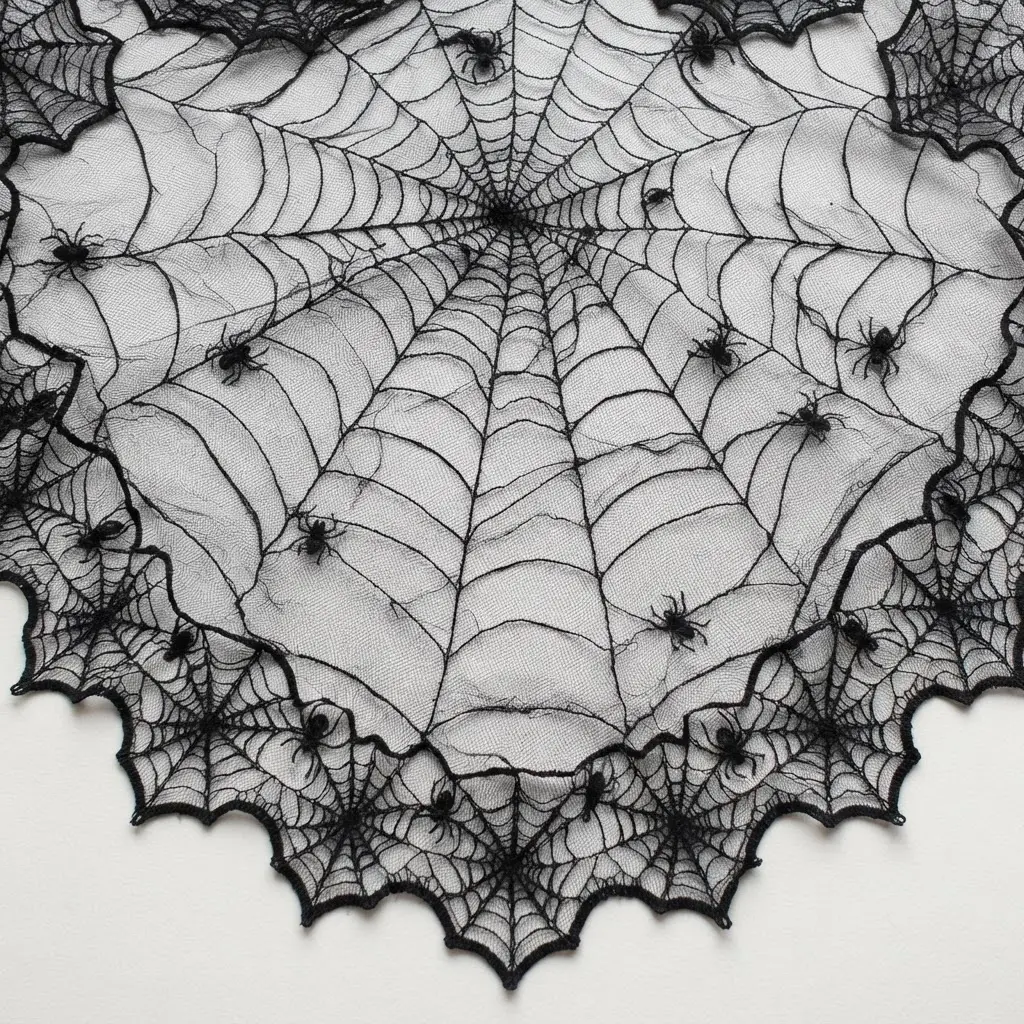 A piece of black lace with a spiderweb pattern draped across a wooden mantle.
