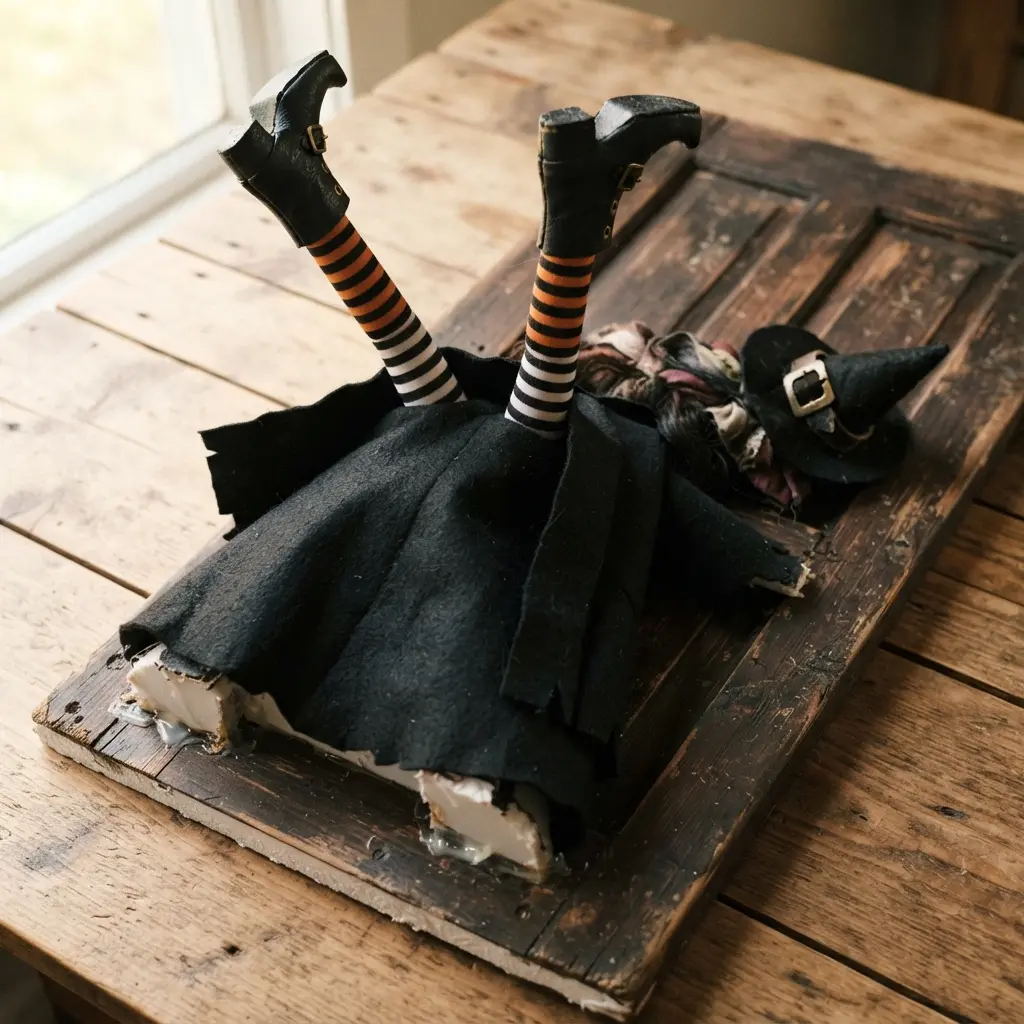 A handmade broomstick and witch hat appearing to be stuck in a wooden door.