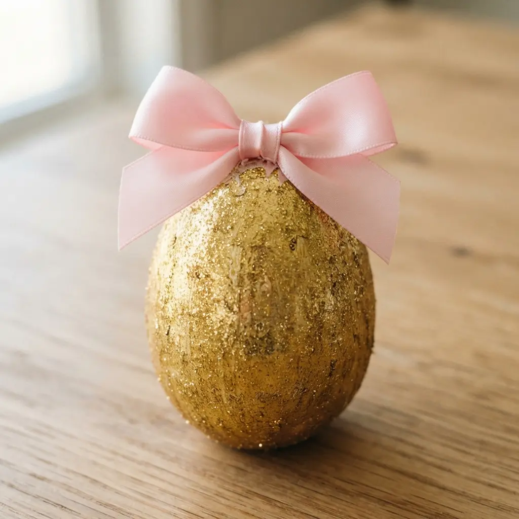 A gold glitter egg with a wide, soft pink satin ribbon tied in a centered bow.