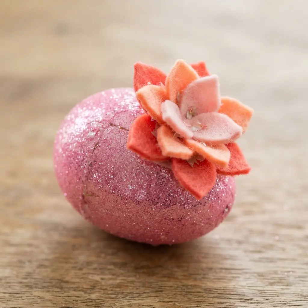 A pink glitter egg featuring a single, layered felt flower in coral and cream attached to its side.
