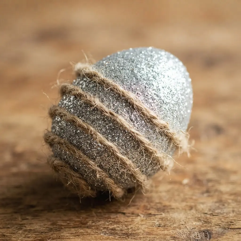 A silver glitter egg with a textured surface, partially wrapped in a spiral pattern with coarse jute twine.