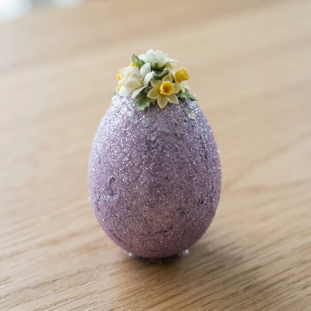 A lavender glitter egg with tiny white and yellow fabric flowers clustered near its top.
