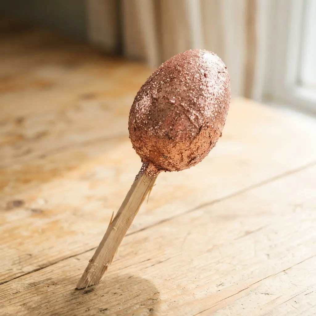A rose gold glitter egg secured to the top of a thin, natural wooden skewer.
