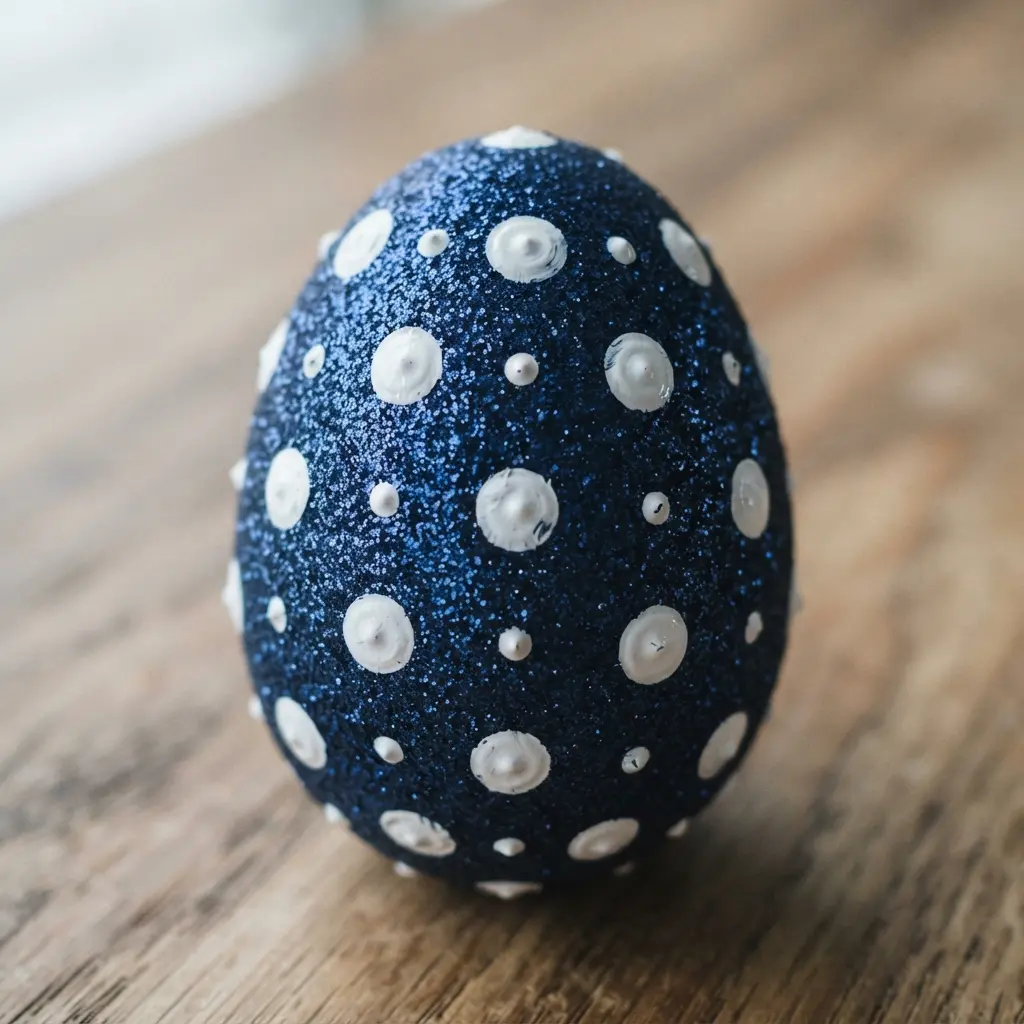 A blue glitter egg with evenly spaced, crisp white acrylic paint dots in two sizes.