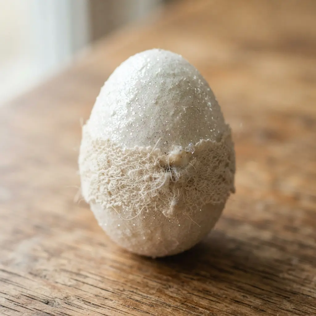 A white glitter egg with a band of intricate, cream-colored lace trim wrapped around its center.