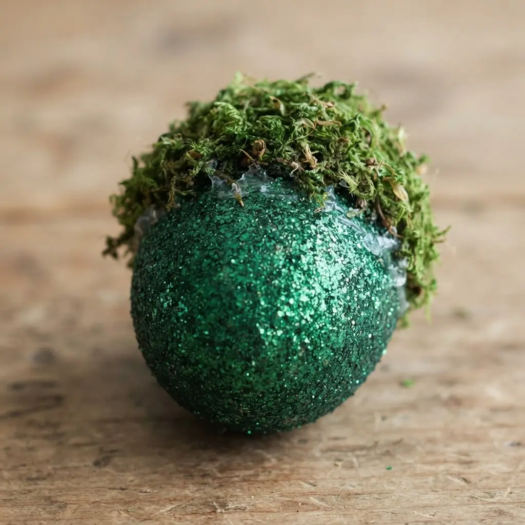 A green glitter egg with a cap of lush, preserved reindeer moss adhered to one end.