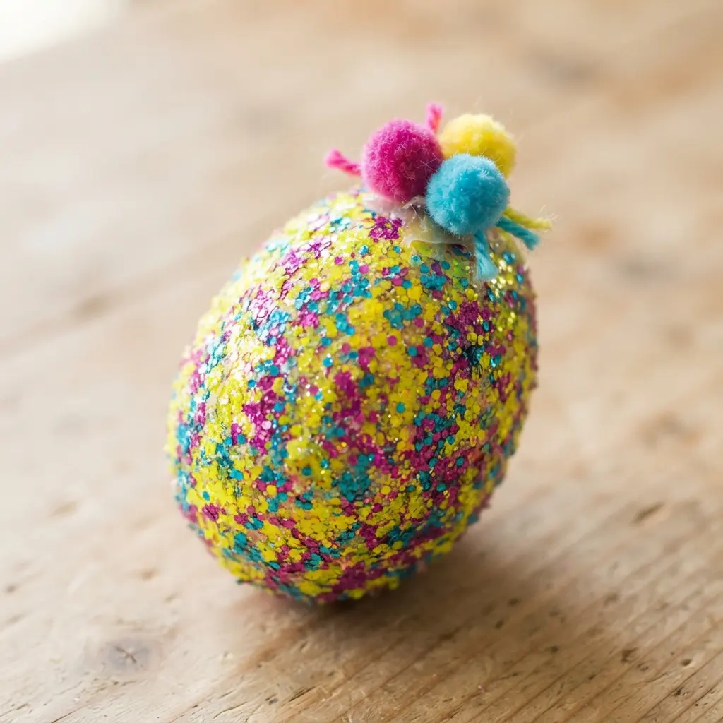 A multi-colored glitter egg with a small cluster of bright yellow, pink, and blue yarn pom poms glued at the top.