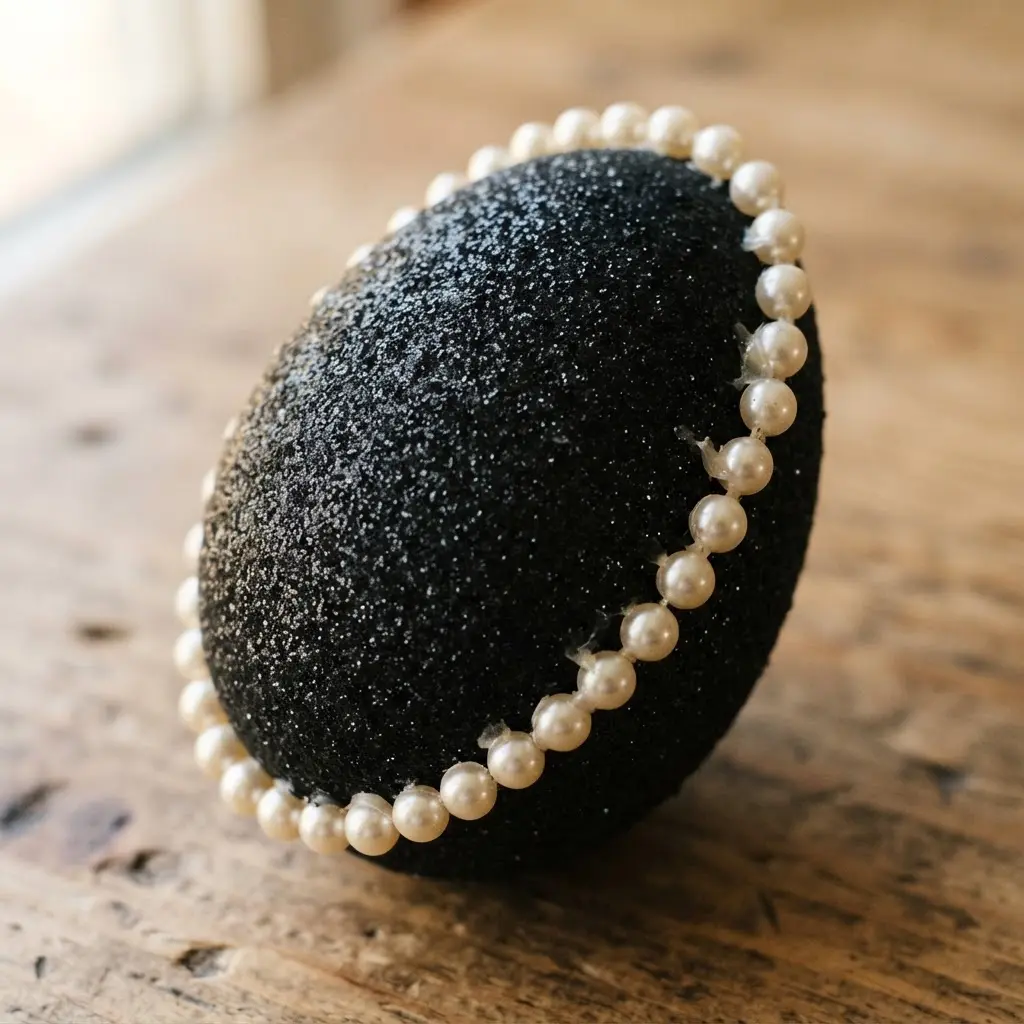 A black glitter egg with a strand of ivory faux pearls wrapped diagonally across its surface.