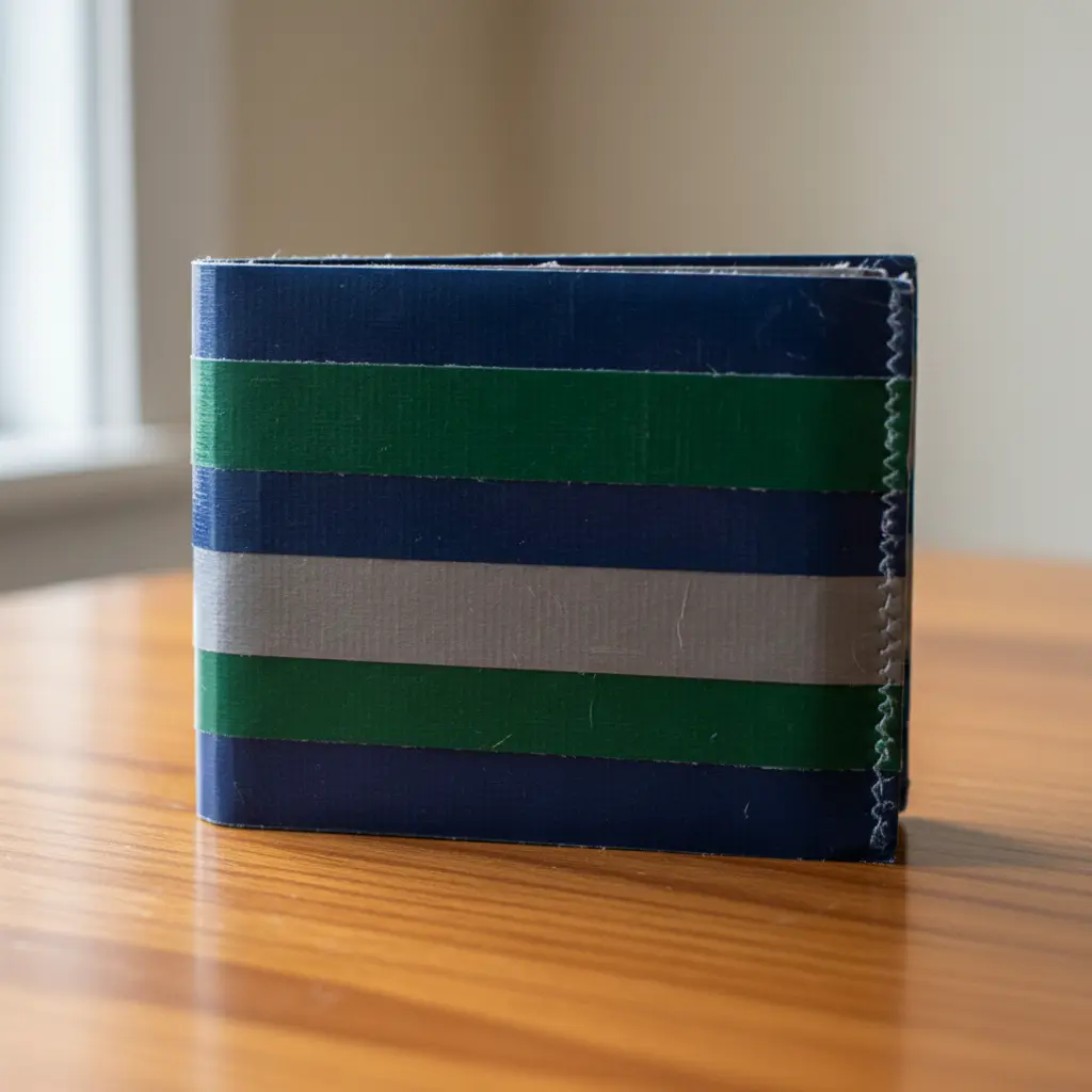 A slim, folded wallet featuring clean, horizontal stripes of blue and green duct tape.