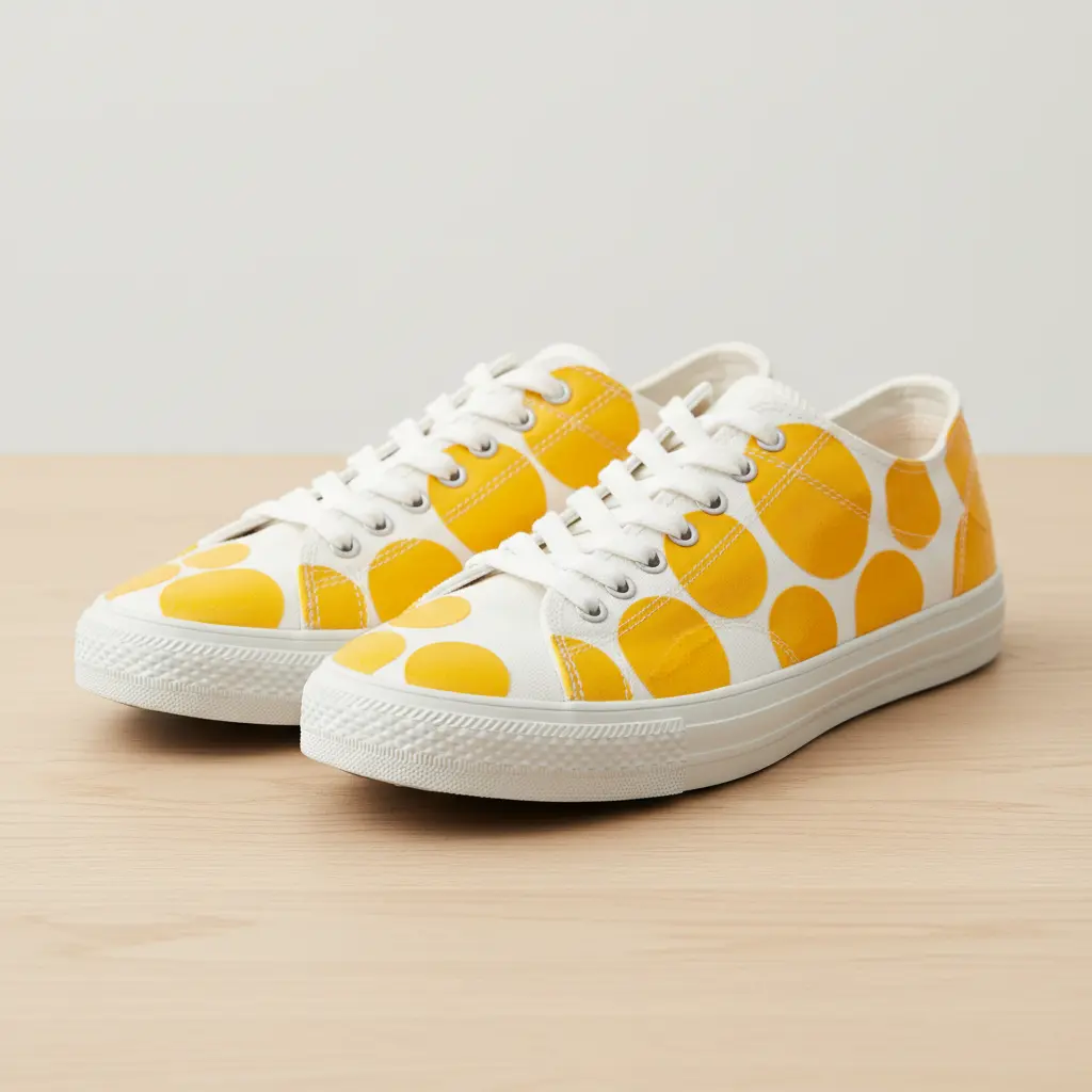 White canvas sneakers decorated with randomly placed, bright yellow polka dots made from duct tape.