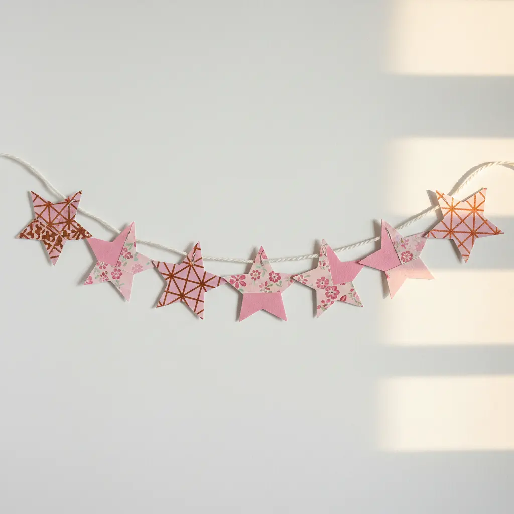 A long string with multiple five-pointed stars, cut from patterned duct tape, hanging at intervals.