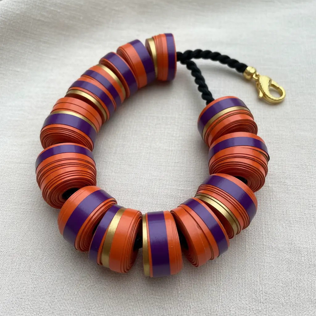 A chunky necklace with large, cylindrical beads made from tightly rolled strips of multicolored duct tape.