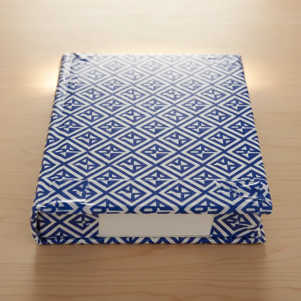 A hardcover book neatly wrapped in a seamless cover of blue and white geometric patterned duct tape.