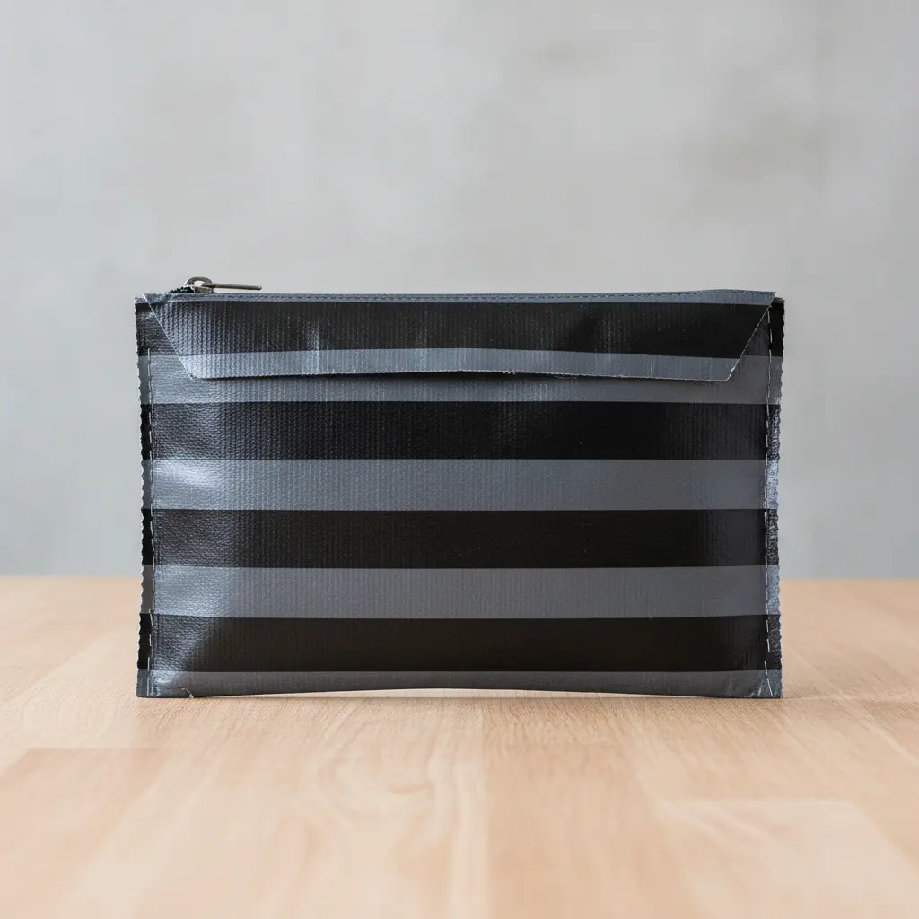 A simple, envelope-style sleeve constructed entirely from overlapping layers of gray and black duct tape.