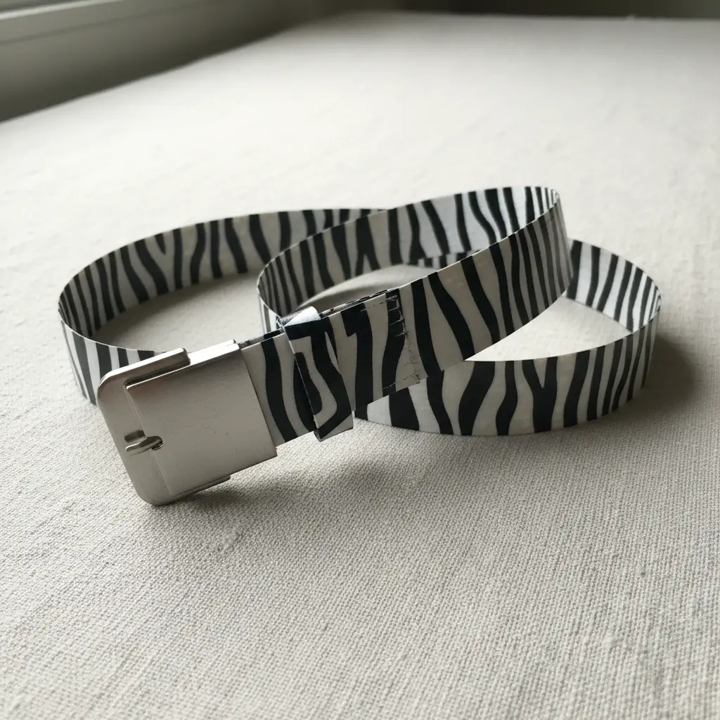 A thin, adjustable belt with a buckle, crafted from a long strip of black and white zebra stripe duct tape.