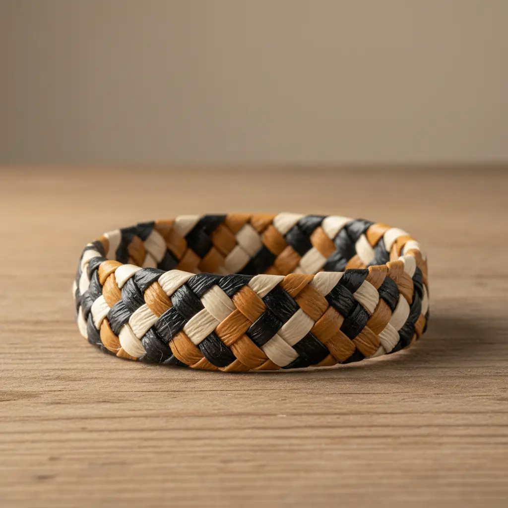 A sturdy, three-strand braided bracelet made from black and tan leopard print duct tape.