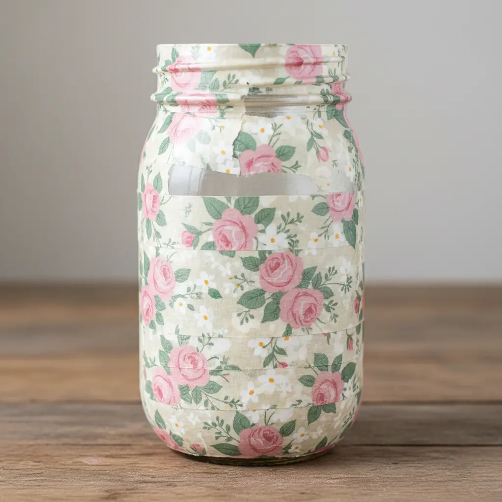 A mason jar completely wrapped in a repeating pattern of pink and green floral duct tape.