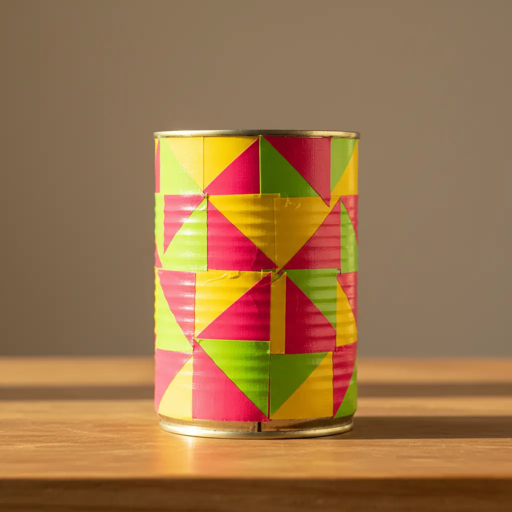 A tall tin can covered in a patchwork of neon green, pink, and yellow duct tape cut into triangles and squares.