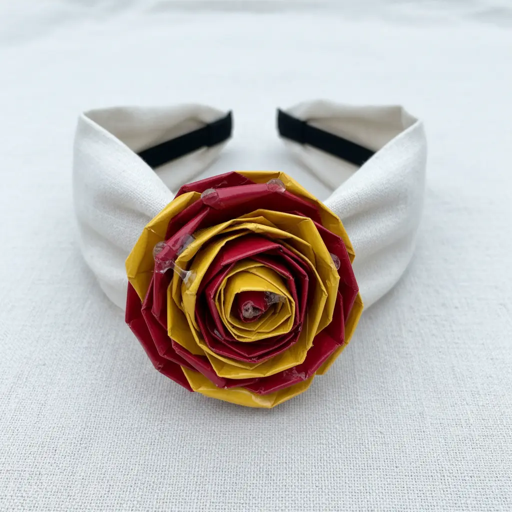 A simple black headband featuring a three-dimensional flower made from layered red and yellow duct tape petals.