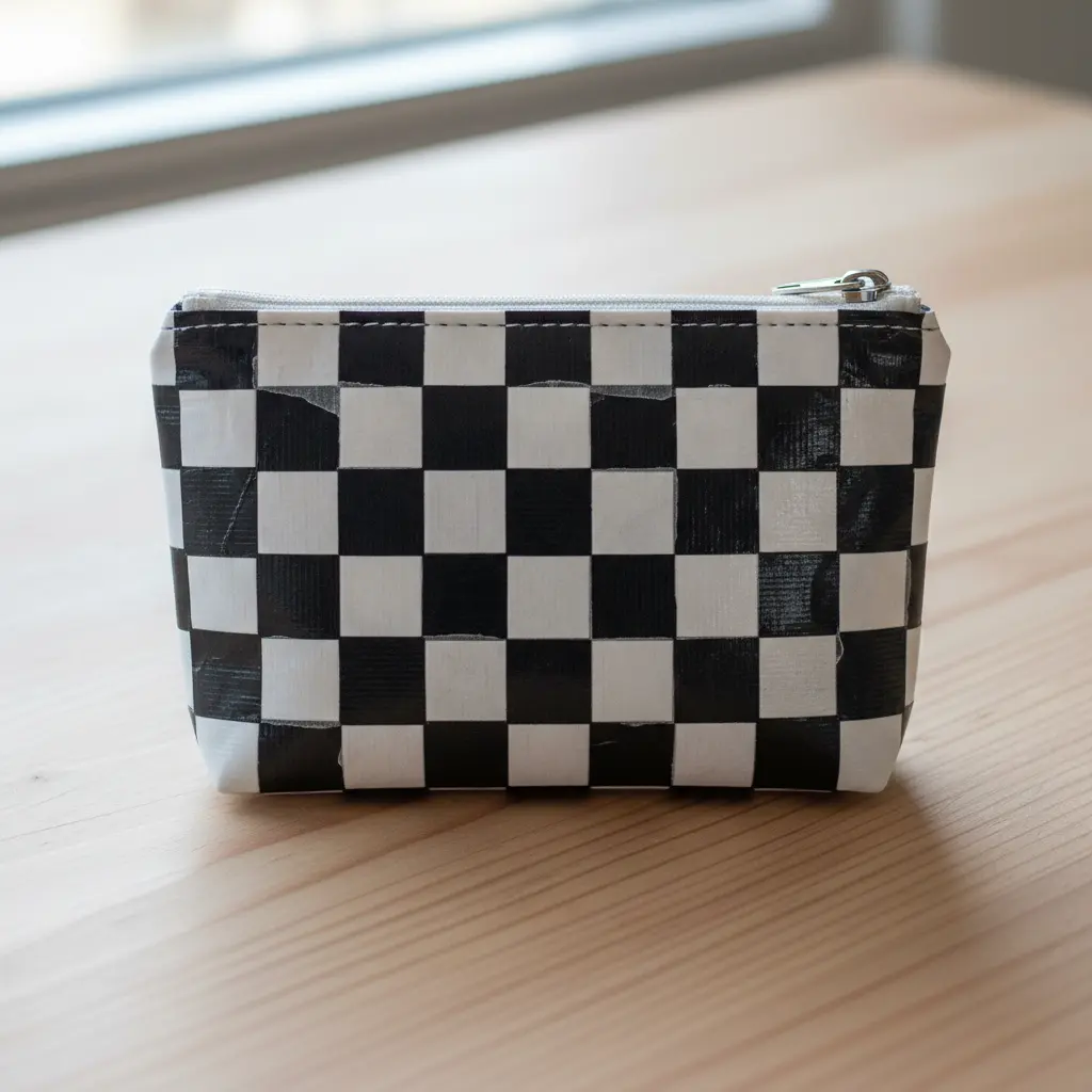 A rectangular pouch with a zipper, its surface covered in a precise black and white checkerboard pattern of duct tape.