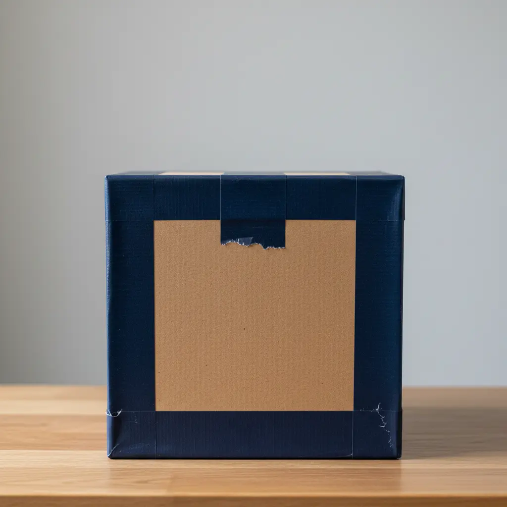A small cardboard storage box with its seams and exterior fully reinforced with strips of solid blue duct tape.