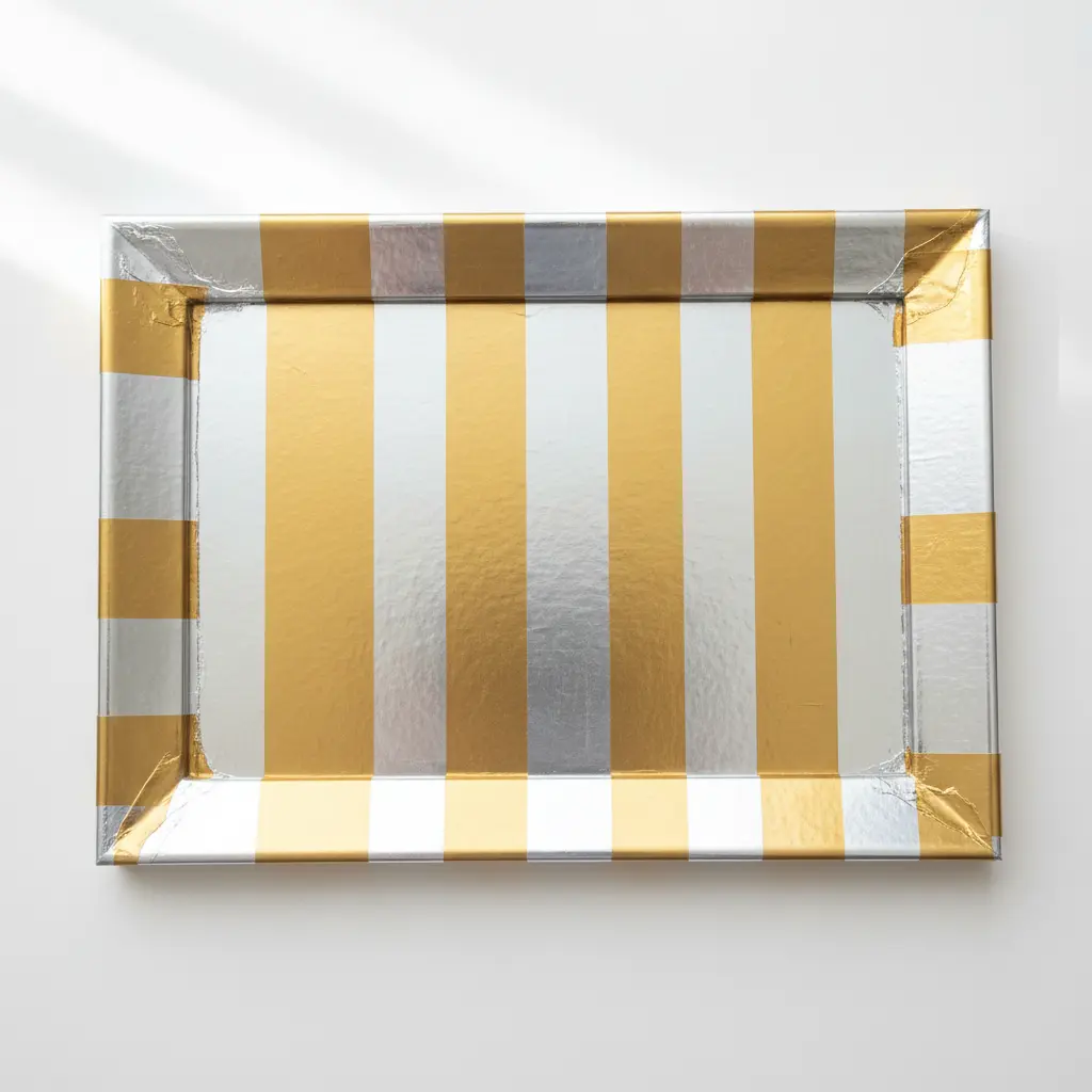 A plain wooden frame completely covered in alternating strips of shiny silver and gold metallic duct tape.