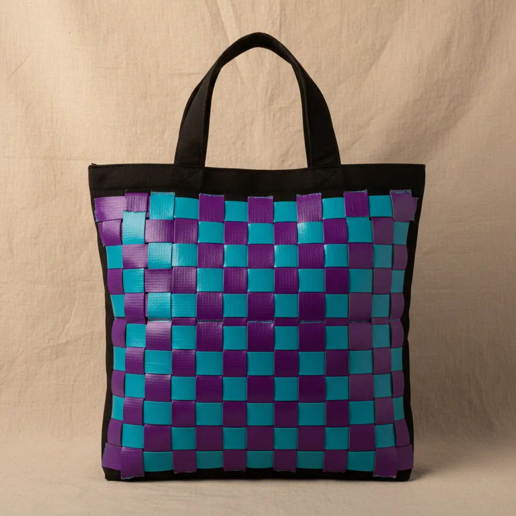 A lightweight tote bag with a front panel featuring a woven pattern of purple and teal duct tape strips.