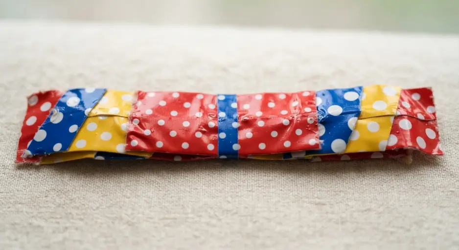 A child's wrist wearing a bright, adjustable bracelet crafted from overlapping strips of polka dot patterned duct tape.