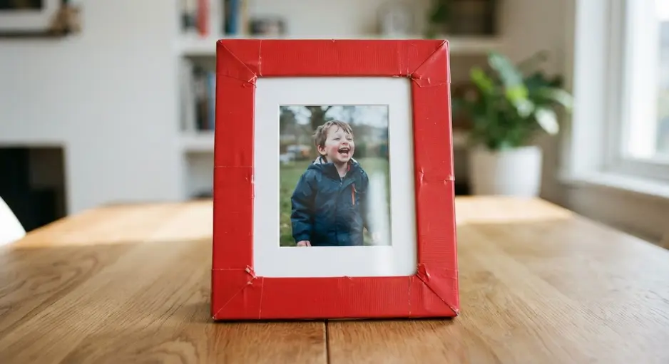 A rectangular cardboard picture frame, neatly wrapped in smooth, solid red duct tape with a photo displayed inside.