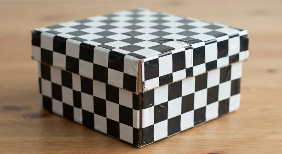 A small, lidded cardboard box with its surfaces covered in black and white checkerboard patterned duct tape.