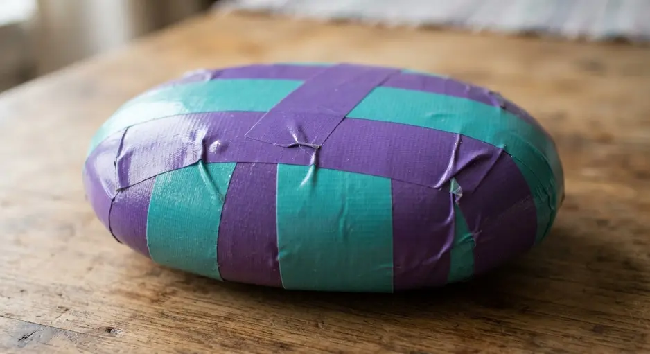 A smooth, oval river rock wrapped with alternating horizontal stripes of purple and teal duct tape, serving as a paperweight.