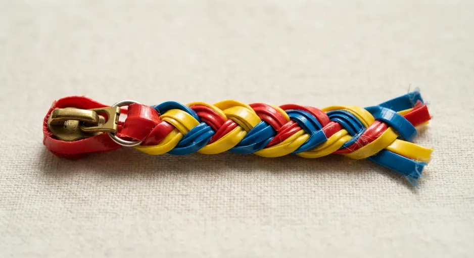 A zipper pull on a jacket, made from three thin strands of red, yellow, and blue duct tape braided together.