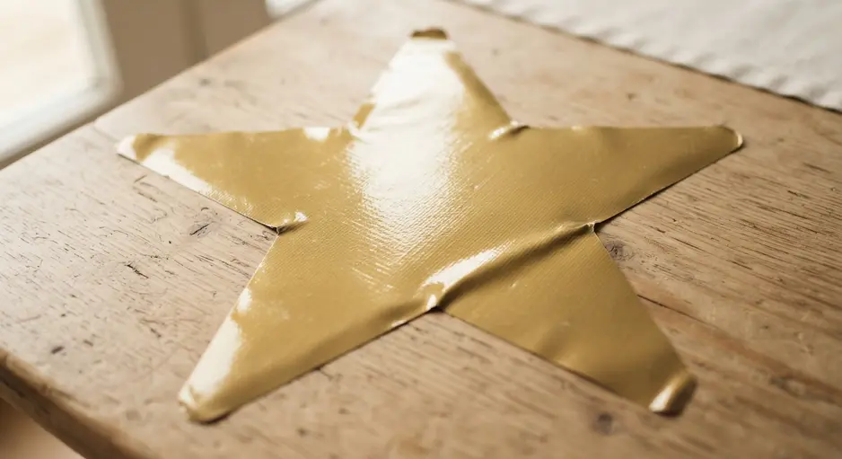 A large, five-pointed star stuck to a wall, made from a single sheet of glossy gold duct tape cut into shape.