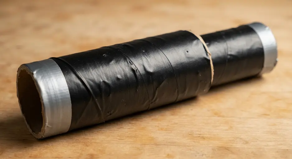 A toy telescope constructed from two cardboard tubes, completely wrapped in matte black duct tape with silver accents.