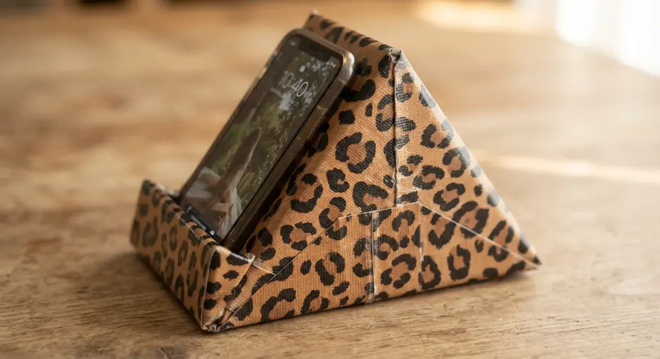 A small, triangular phone stand that holds a smartphone, constructed from folded sheets of brown leopard print duct tape.