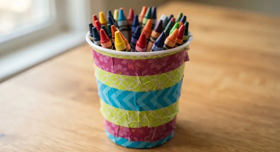 A clear plastic cup or container wrapped with bands of multi-colored patterned duct tape, filled with crayons.