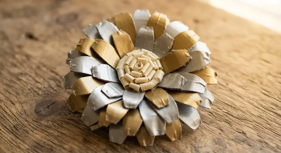 A stylized daisy flower with layered petals, made from cut and shaped strips of silver and gold metallic-finish duct tape.