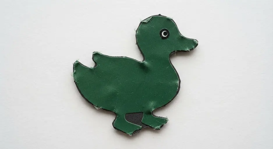 A small, flat magnet in the shape of a cat, crafted from a single sheet of solid green duct tape adhered to a magnetic backing.