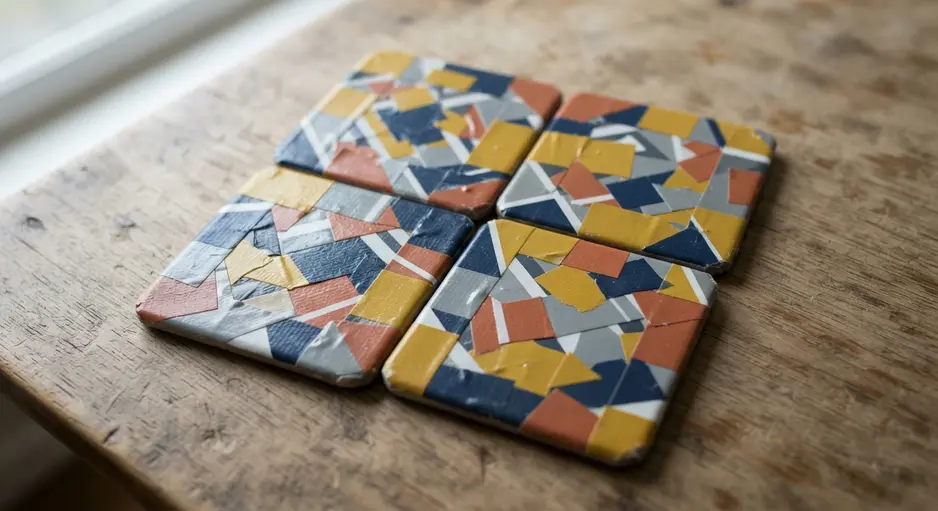 Four square coasters on a table, each featuring a different geometric patchwork pattern made from small pieces of colored duct tape.