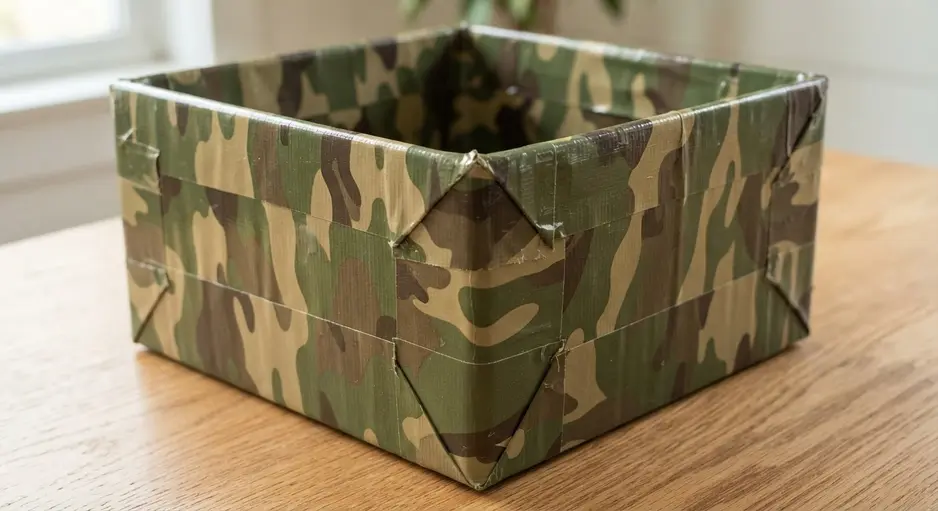 A small, square basket made from cardboard and completely wrapped in green and brown camouflage patterned duct tape.