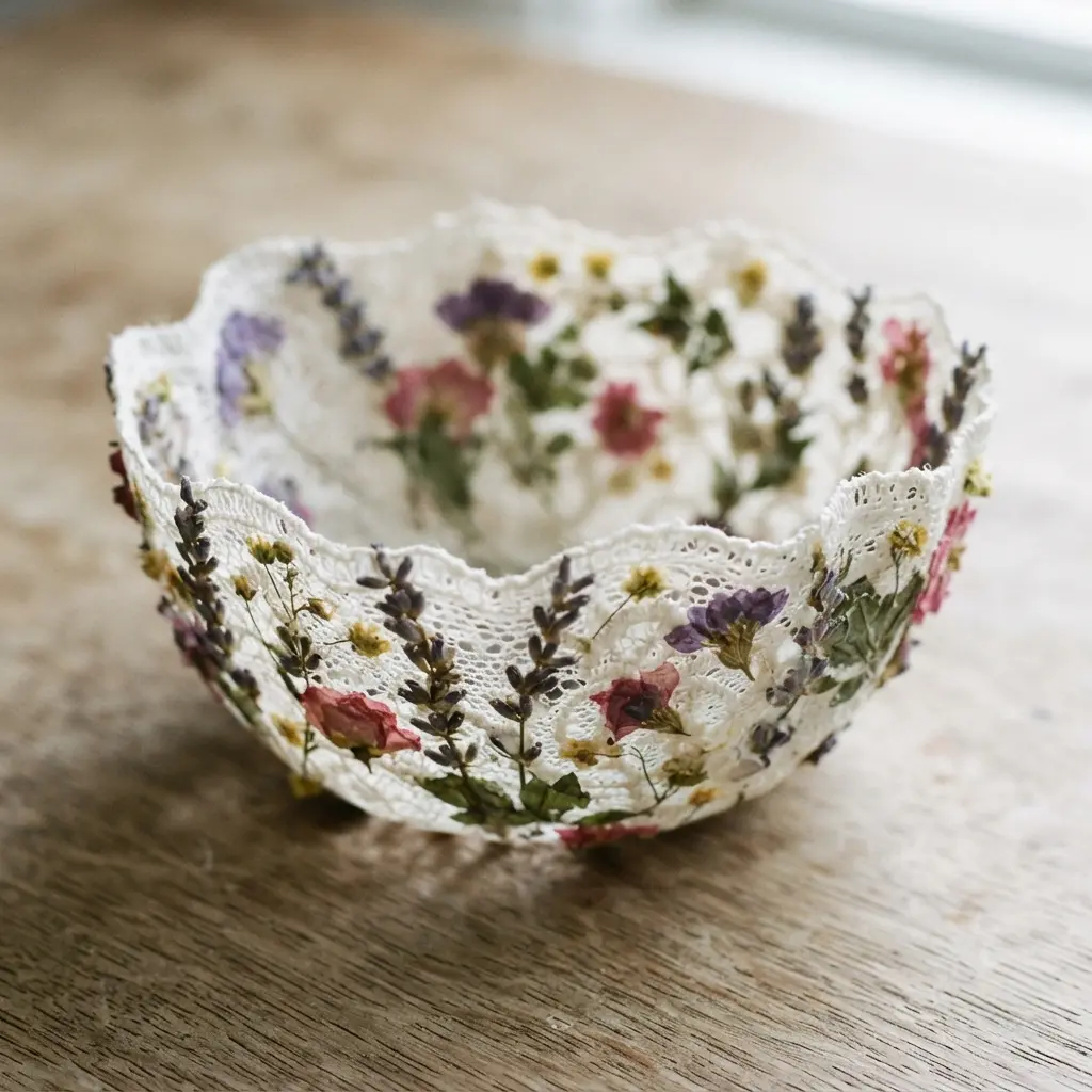 A stiffened lace bowl with small dried flowers and lavender buds pressed into the surface during the stiffening process.