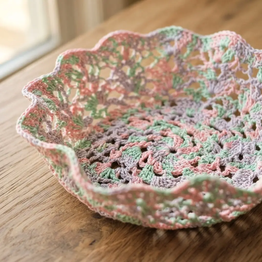 A round crochet doily bowl dyed in gentle pastel shades, showing off the lacework's texture after stiffening.