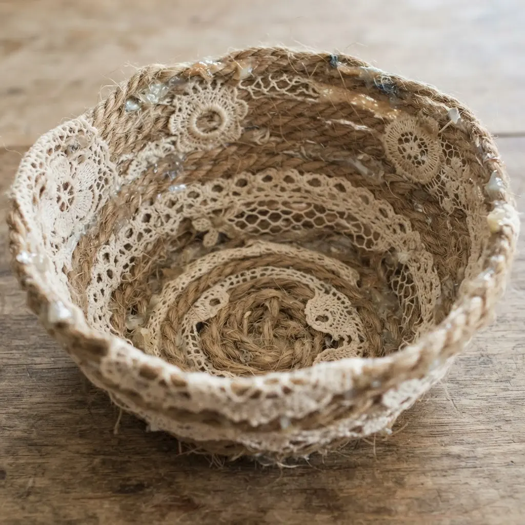 A rustic stiffened bowl blending fine cotton lace with chunky, natural jute twine for a textured, organic look.