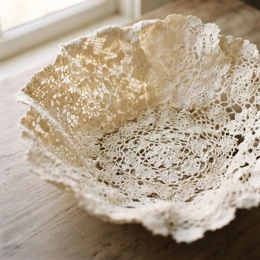 An oversized stiffened lace bowl with a wide, shallow form, perfect for holding fruit or as a striking table centerpiece.