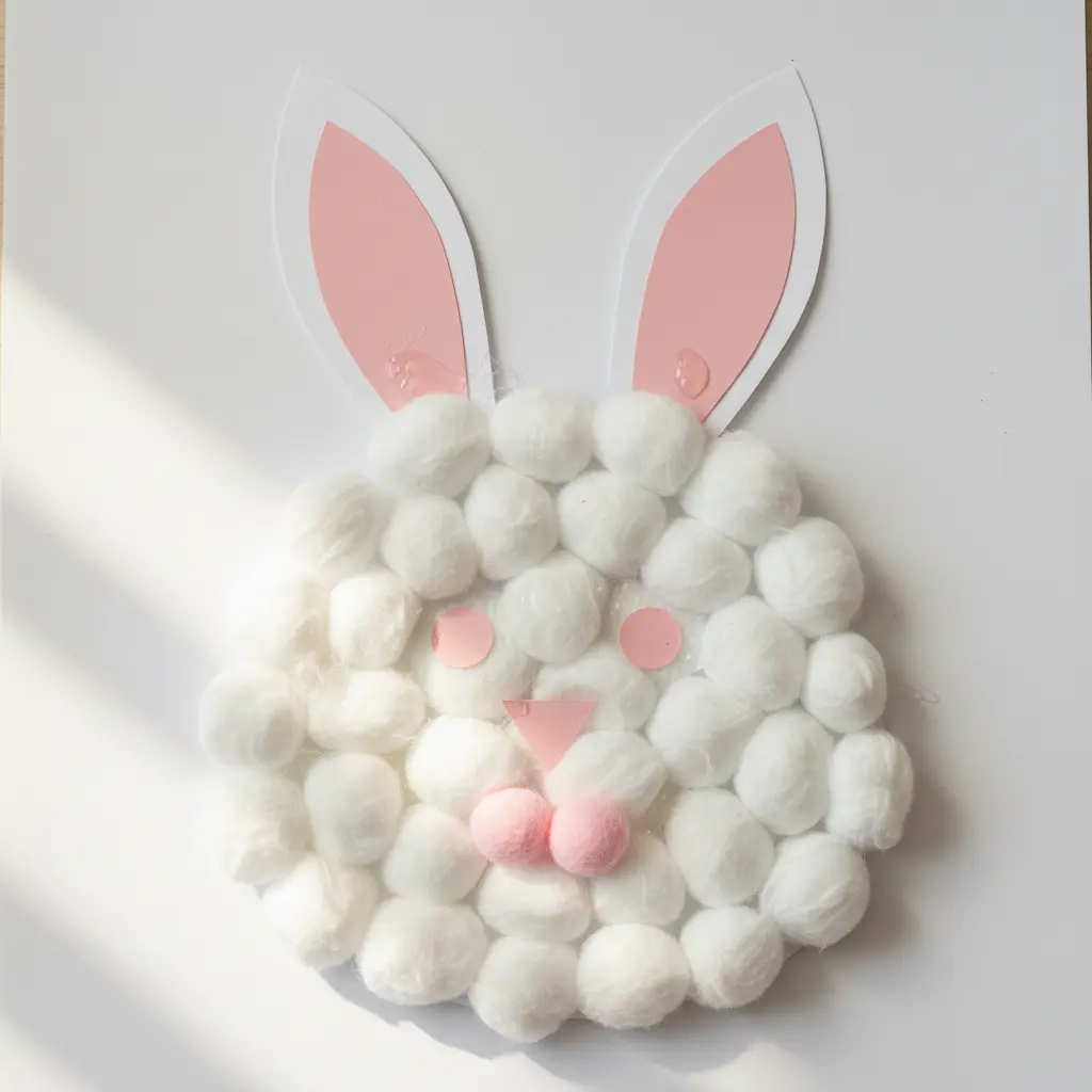 A child-friendly bunny face crafted with fluffy white cotton balls against pink cardstock, featuring paper ears and a pom-pom nose.