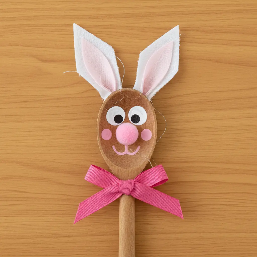 A wooden spoon with a painted white bunny face, fabric ears tied with a bow, and a small pink pom-pom nose held by a child's hand.